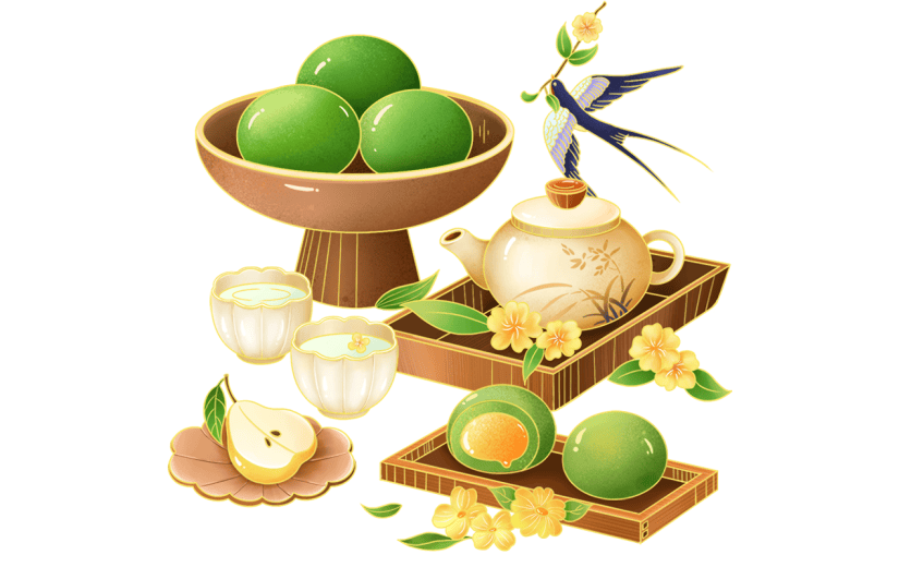 清明节清明中国风插画青团美食组合元素素材