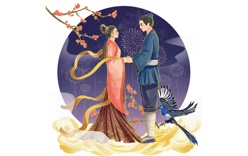 中国风-七夕元素金边人物场景贴纸3