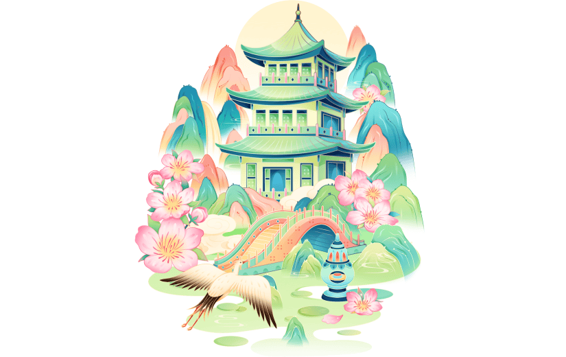 春天春季春日幻彩国潮风中式建筑山水场景组合元素素材