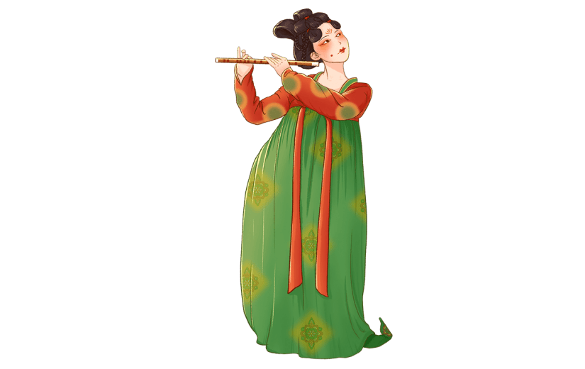 吹笛子的仕女形象人物元素