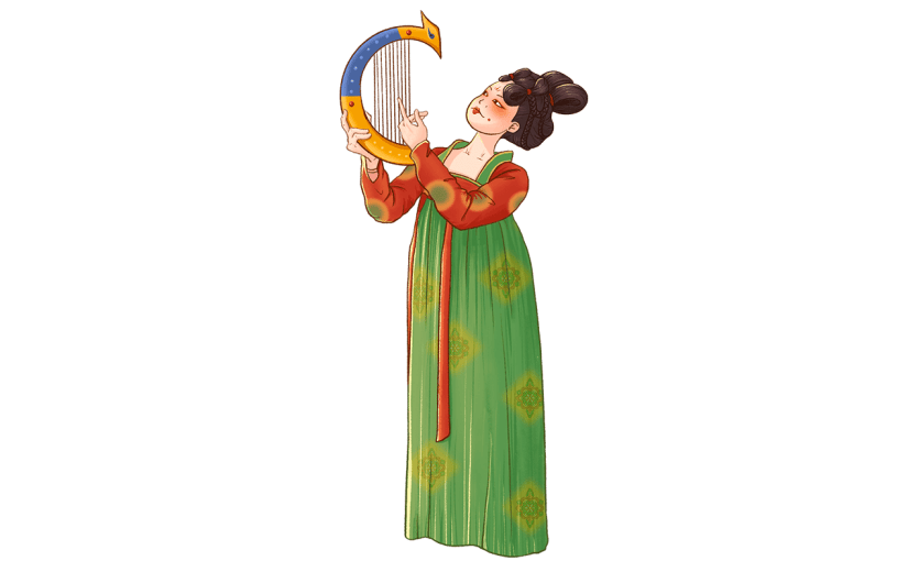 弹乐器的仕女人物元素