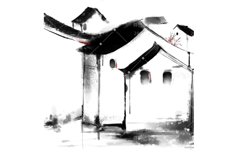 手绘-中国风水墨风建筑贴纸-房屋