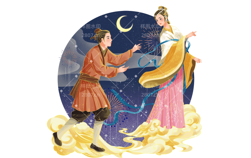 中国风-七夕元素金边人物场景贴纸5