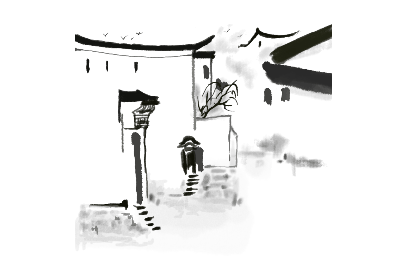 手绘-中国风水墨风场景贴纸-房子