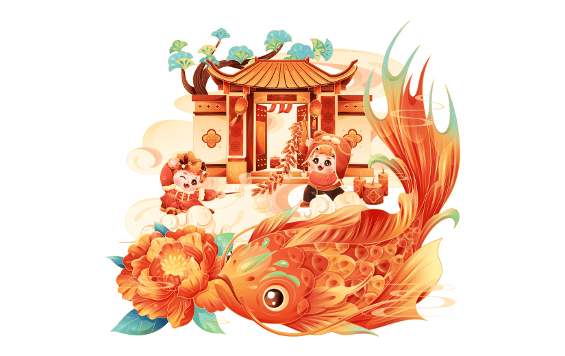 龙年春节新春新年过年除夕卡通感可爱拟人龙年俗插画场景组合元素素材