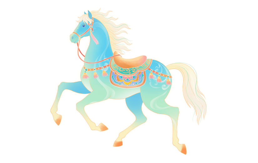 马年中式感敦煌风蓝色渐变插画马元素