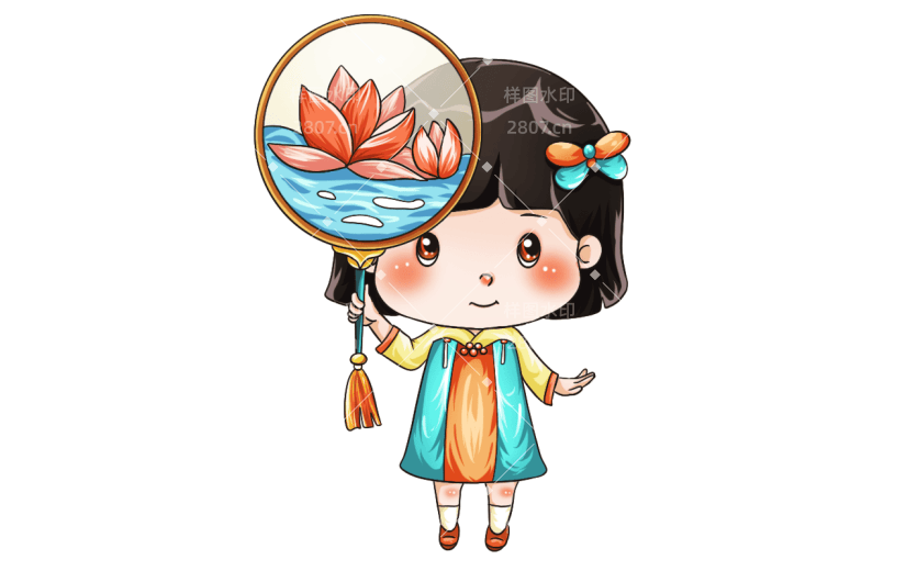 手绘-卡通国潮人物插画贴纸-扇子