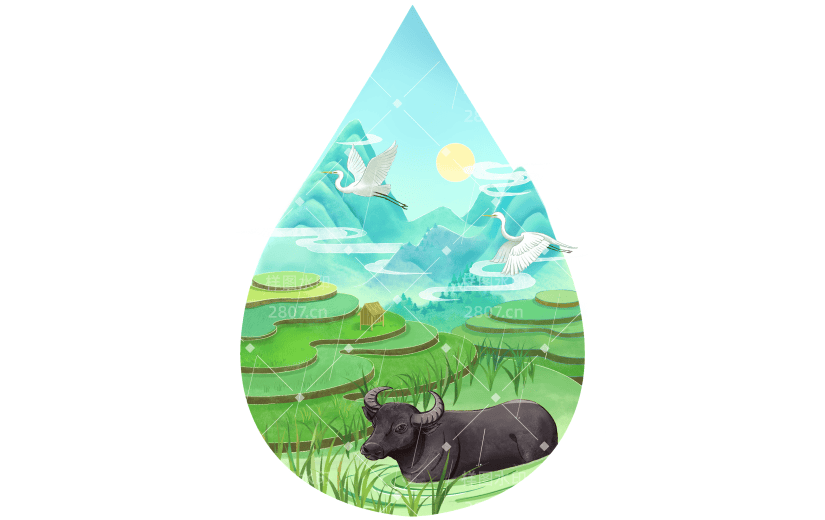 传统节气雨水国潮水滴农耕场景组合元素素材