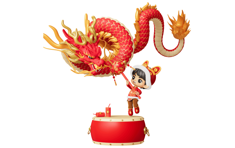 龙年春节新春新年过年除夕3D中国风舞龙场景组合元素素材