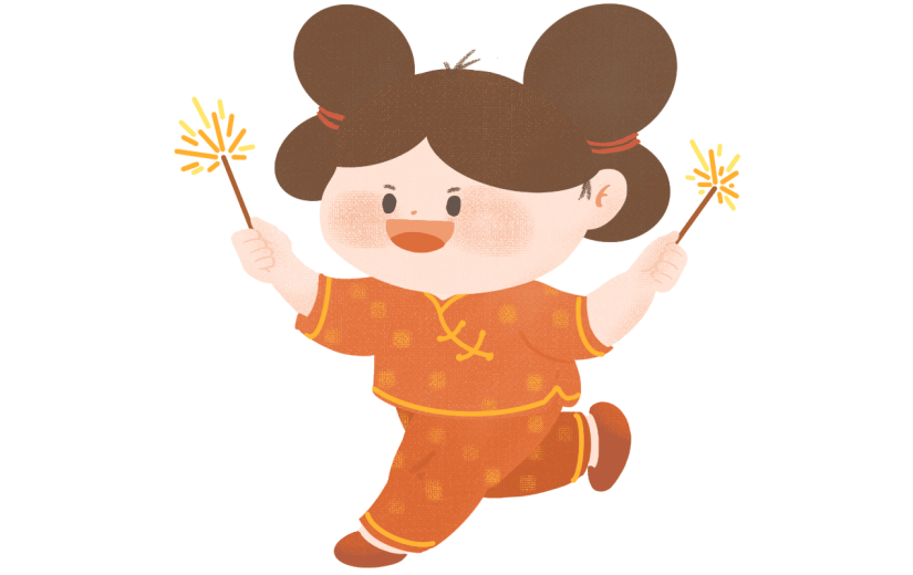 手绘年画娃娃放礼花新年元素