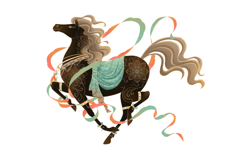 马年中式感敦煌风插画马元素