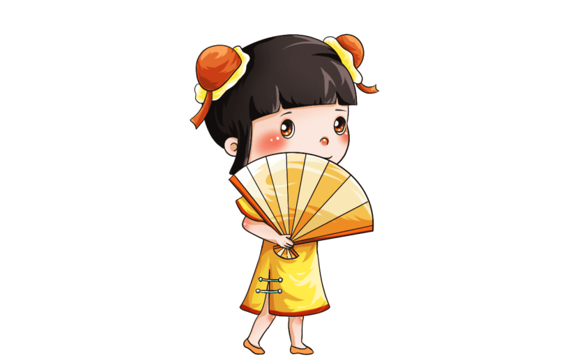 手绘-卡通国潮人物插画贴纸-折扇