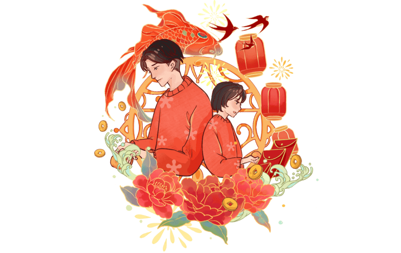 卡通感春节情侣元素贴纸