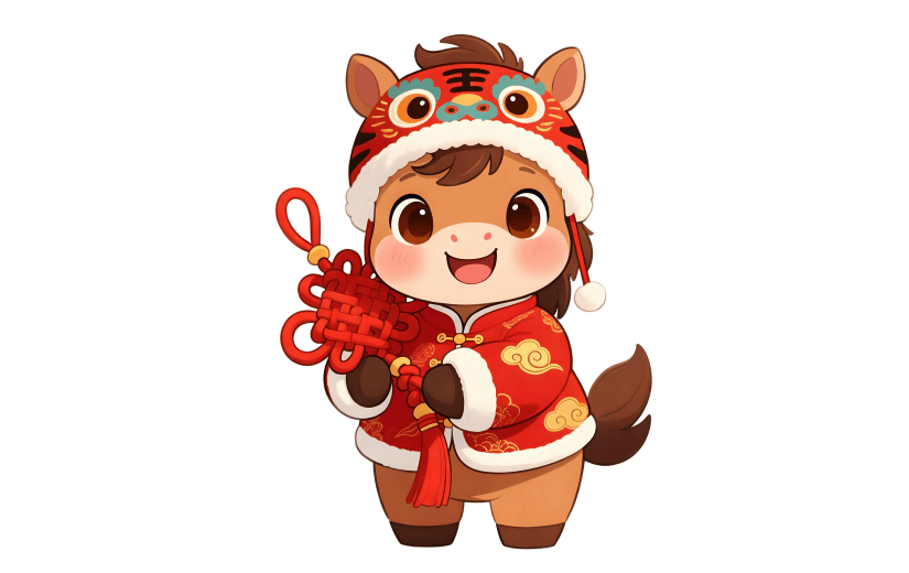 马年卡通感插画可爱小马中国结元素