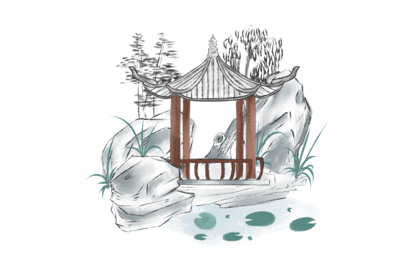 单顶凉亭元素创意贴纸-水墨风