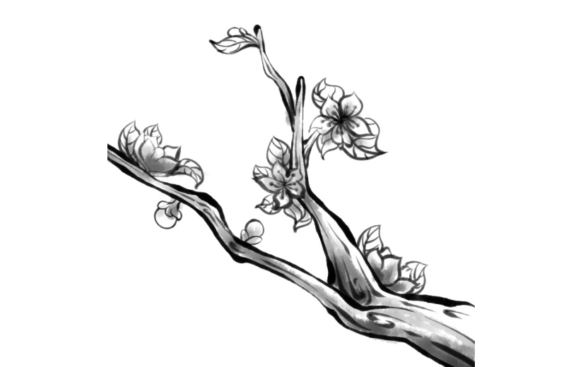 水墨风-桃花花枝贴纸元素