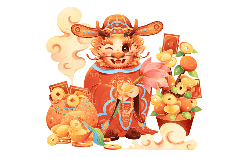 龙年春节新春新年过年除夕中国风国潮拟人财神龙组合元素素材