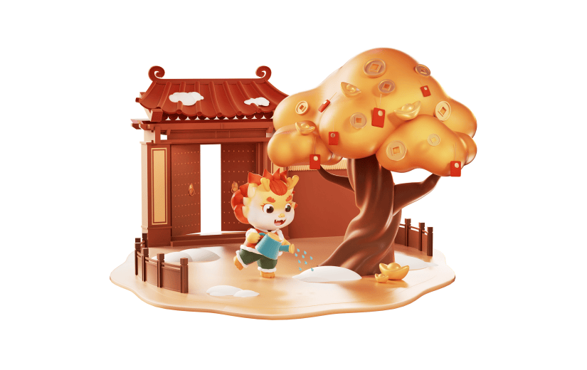 龙年春节新春新年过年除夕卡通感3D可爱龙年俗场景组合元素素材