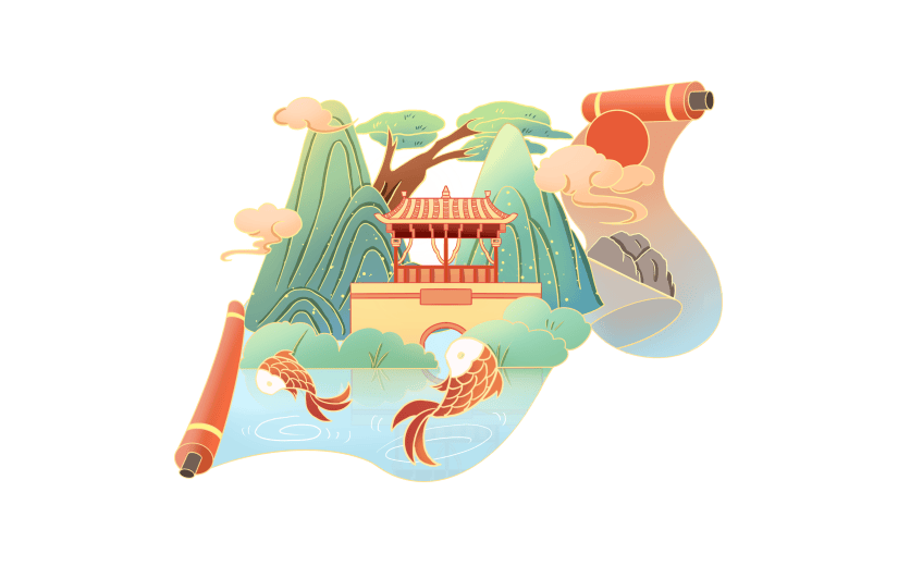手绘国潮风园林卷轴元素3