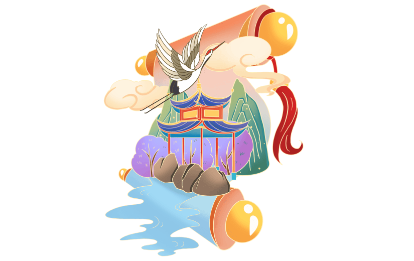 手绘国潮风园林卷轴元素4