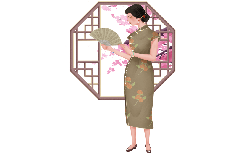 手绘-民国风旗袍女性人物插画贴纸1