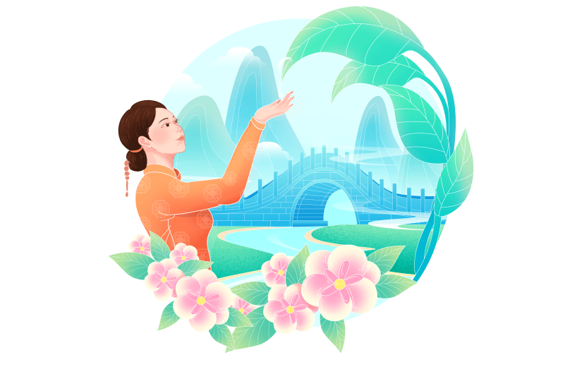 传统节气二十四节气插画幻彩国潮风雨水植物场景组合元素素材