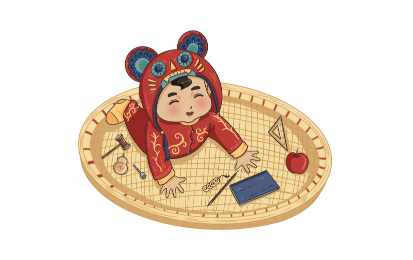 手绘-儿童抓周人物场景插画5