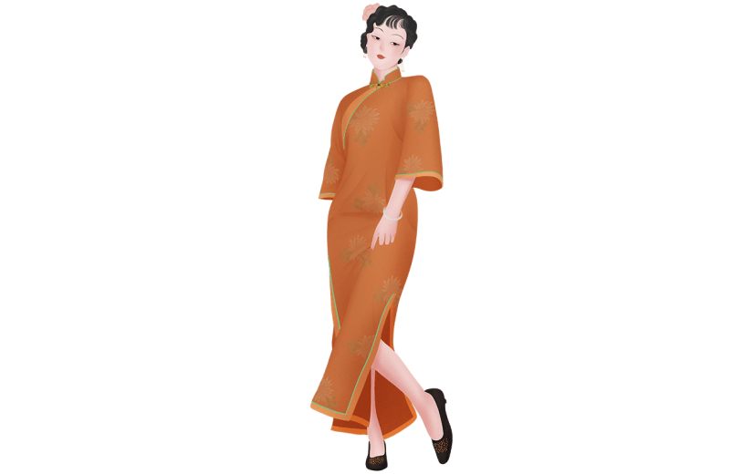 手绘-民国风旗袍女性人物贴纸人4