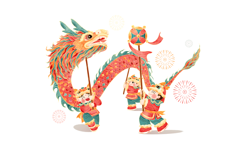 龙年春节新春新年过年除夕中国风中式舞龙场景龙生肖组合元素素材