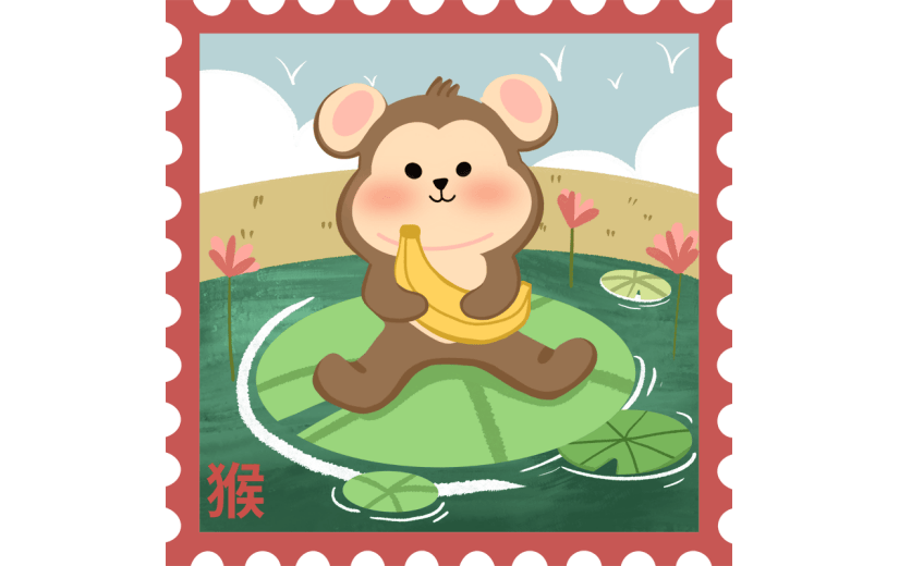 手绘卡通猴年12生肖邮票贴纸