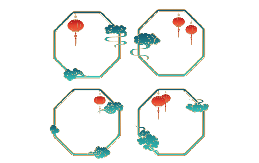 中式色彩几何边框灯笼元素