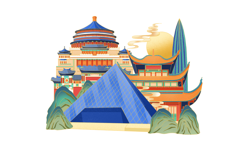 国庆通用国潮地标建筑场景贴纸