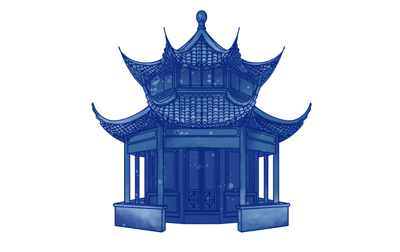 双顶凉亭元素创意贴纸-水墨风