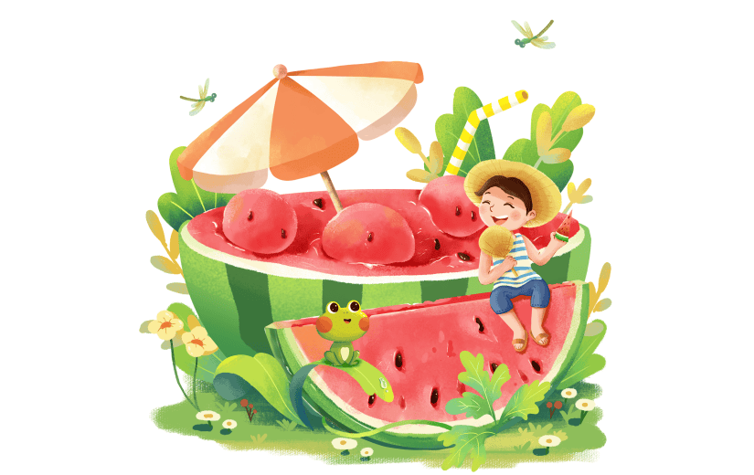 二十四节气立夏通用插画微缩西瓜乘凉人物场景组合元素素材