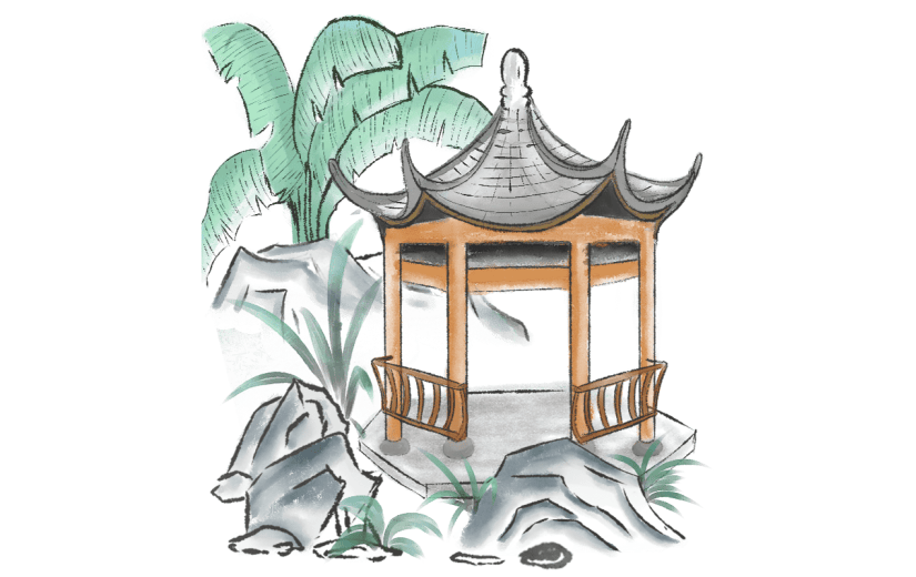 单顶凉亭元素创意贴纸-水墨风