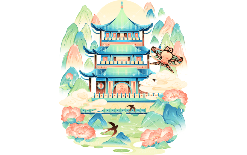 春天春季春日幻彩国潮风中式建筑山水场景组合元素素材