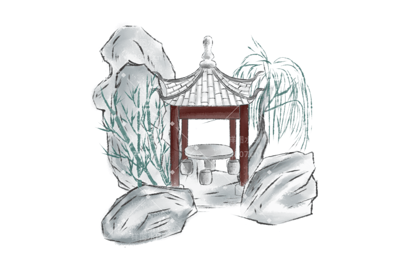 单顶凉亭元素创意贴纸-水墨风