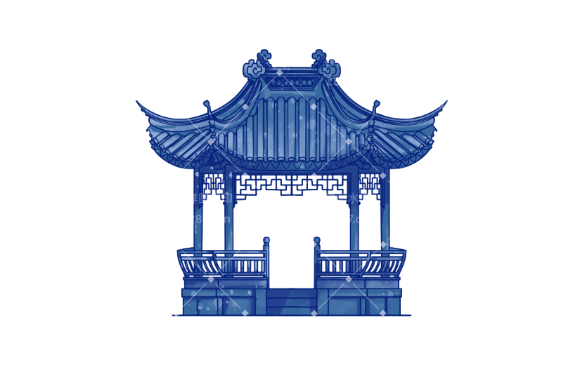 双顶凉亭元素创意贴纸-水墨风