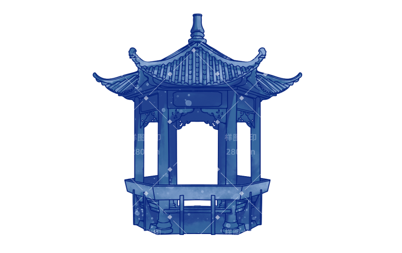 双顶凉亭元素创意贴纸-水墨风