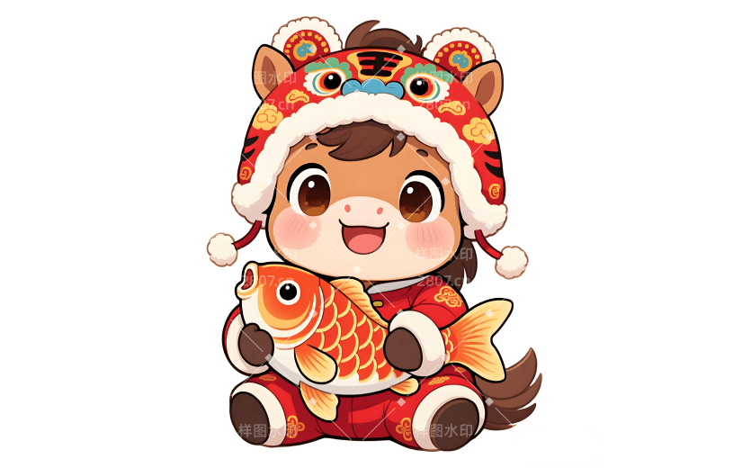马年卡通感插画可爱小马金鱼元素
