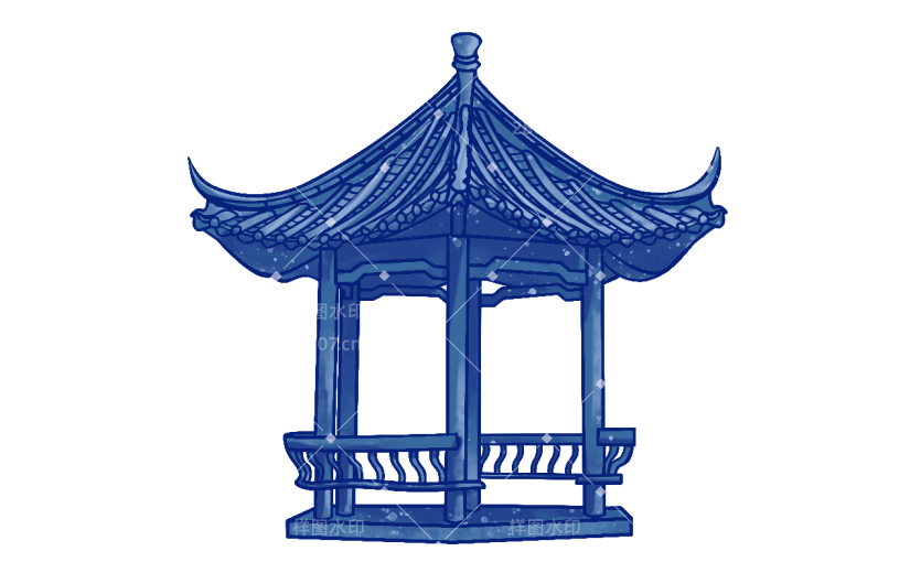 双顶凉亭元素创意贴纸-水墨风