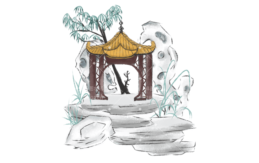 单顶凉亭元素创意贴纸-水墨风