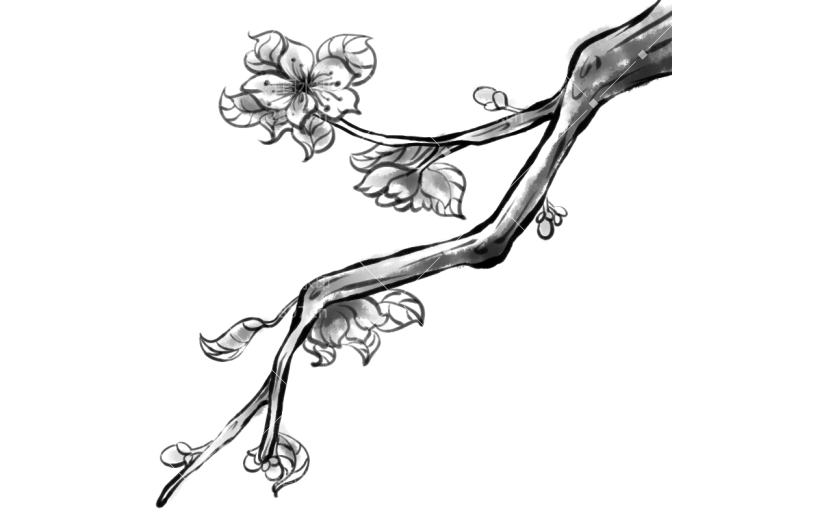 水墨风-桃花花枝贴纸元素