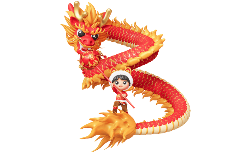龙年春节新春新年过年除夕3D中国风舞龙场景组合元素素材