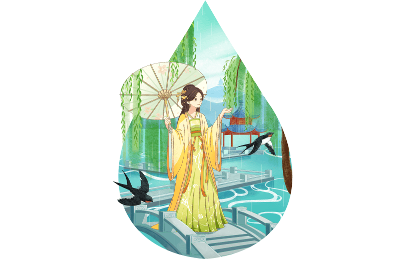 传统节气雨水国潮水滴场景组合元素素材