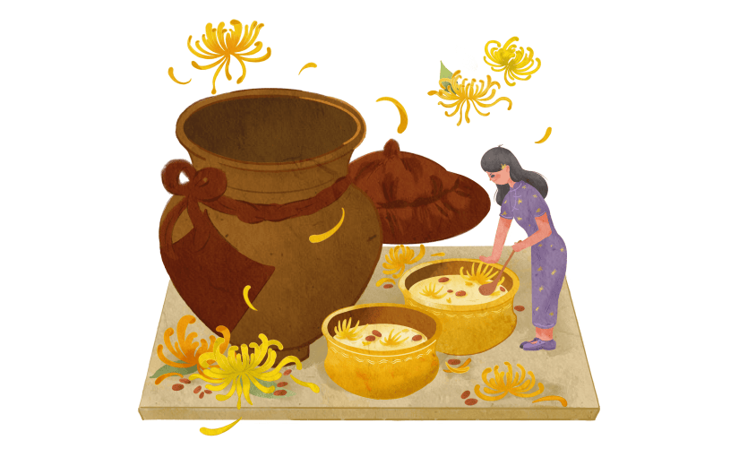 版画水墨-重阳节美食元素贴纸