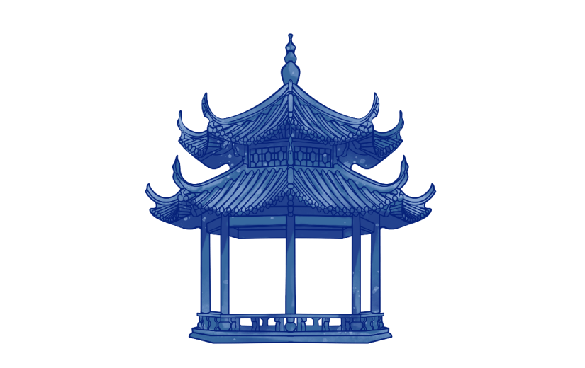 双顶凉亭元素创意贴纸-水墨风