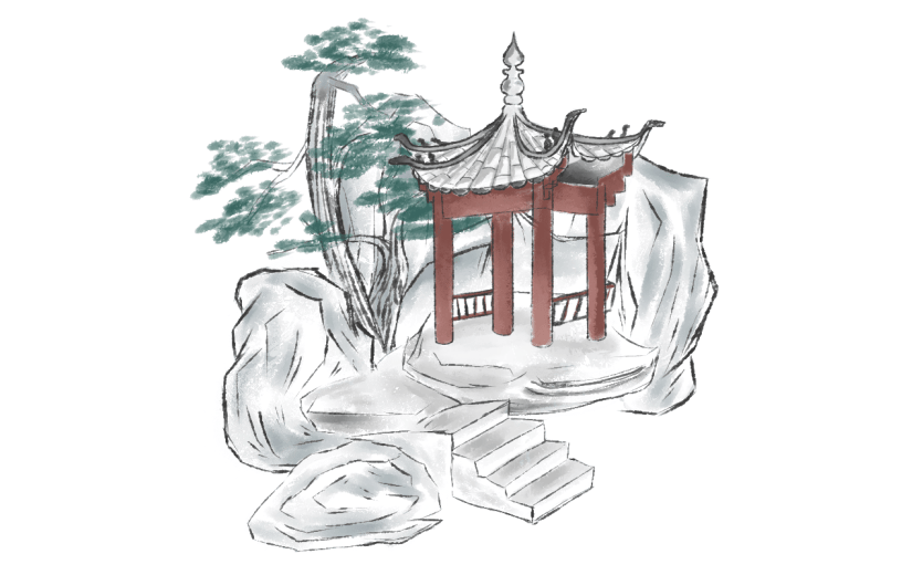 单顶凉亭元素创意贴纸-水墨风