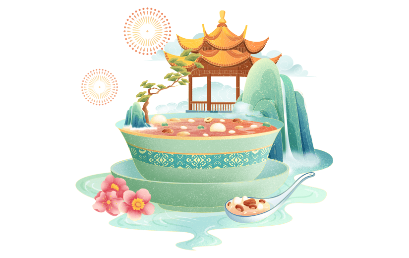 腊八节中国风中式微缩腊八粥山水场景组合元素素材