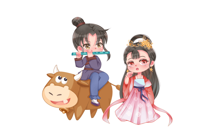 手绘-七夕节Q版牛郎织女人物插画5